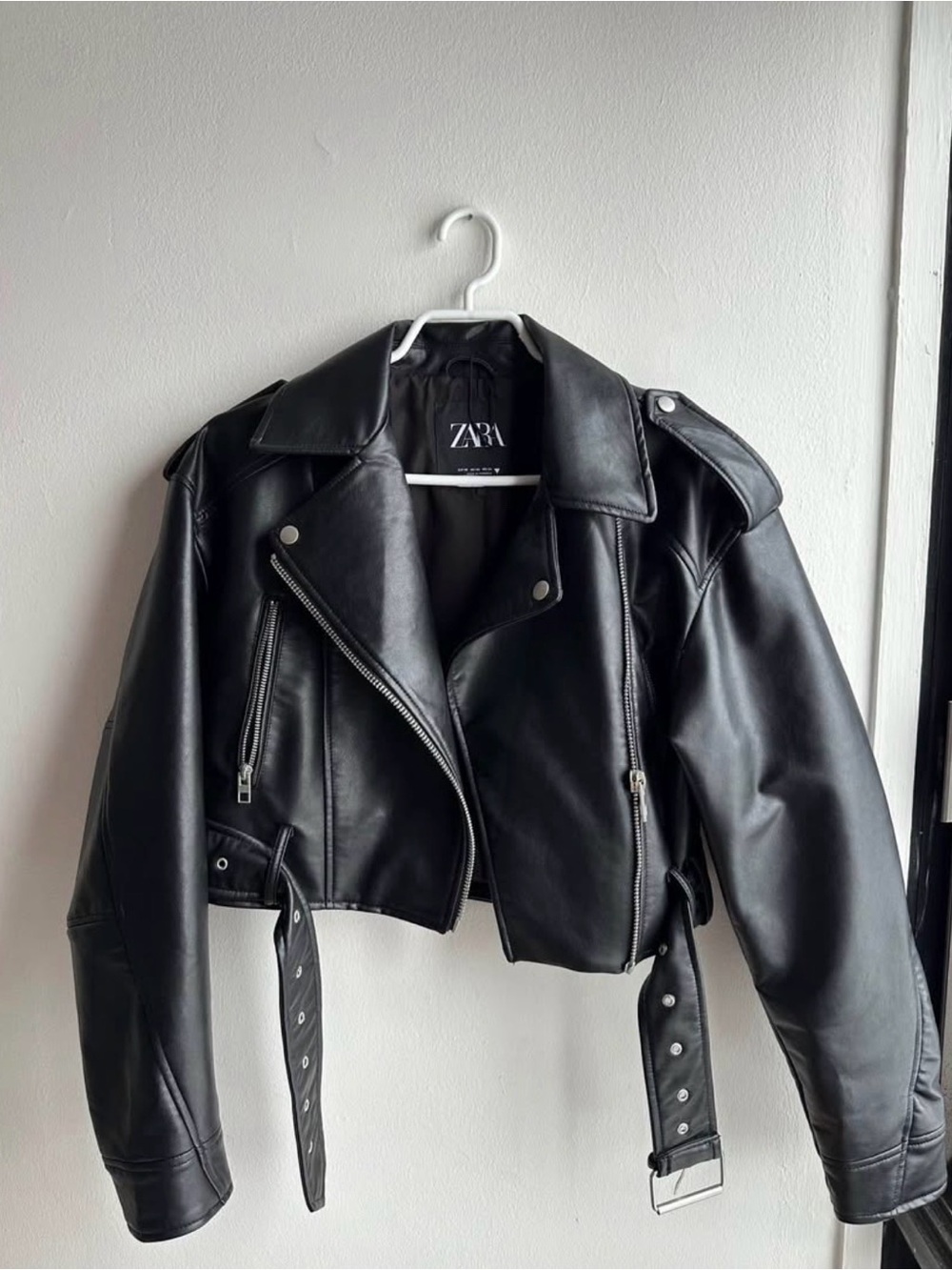 ZARA Black Faux Leather Cropped Biker Jacket